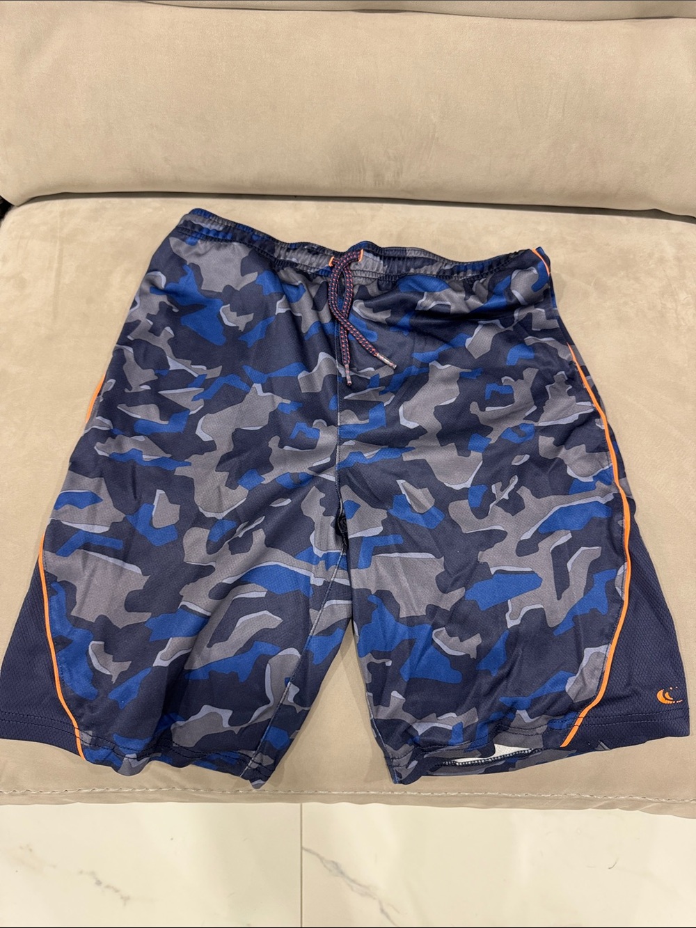 Kids Blue Camo Athletic Shorts with Orange Trim
